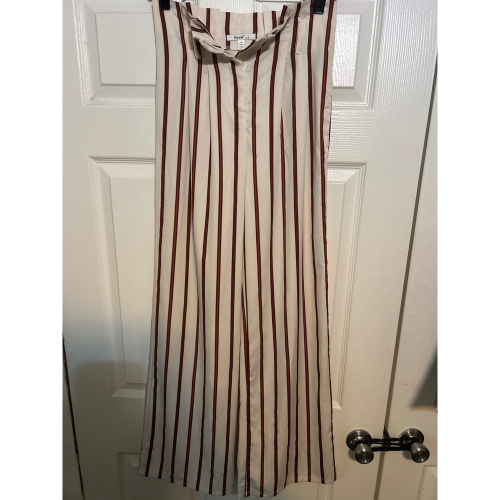 Papaya USA Womens Wide Leg Striped Trousers Cream Burgundy High Waist‎ Size M